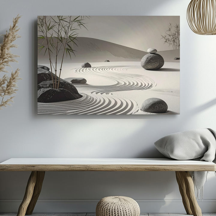 Zen Sand Garden Canvas – Photorealistic Wabi-Sabi Calm & Balance Art - Gifitto