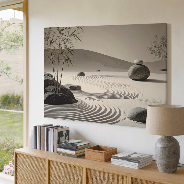 Zen Sand Garden Canvas – Photorealistic Wabi-Sabi Calm & Balance Art - Gifitto