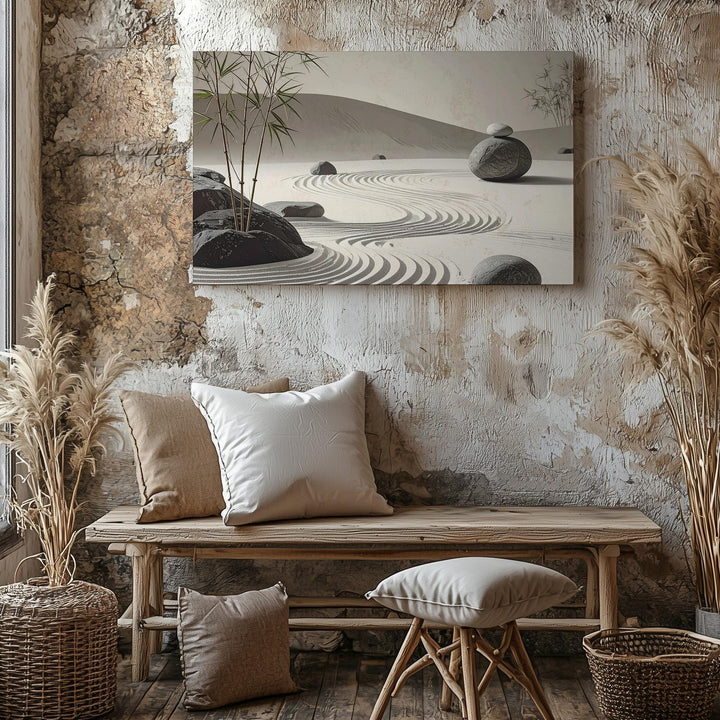 Zen Sand Garden Canvas – Photorealistic Wabi-Sabi Calm & Balance Art - Gifitto