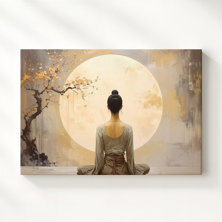 Moonlit Meditation Canvas – Minimalist Spiritual Reflection & Plum Blossom Art - Gifitto