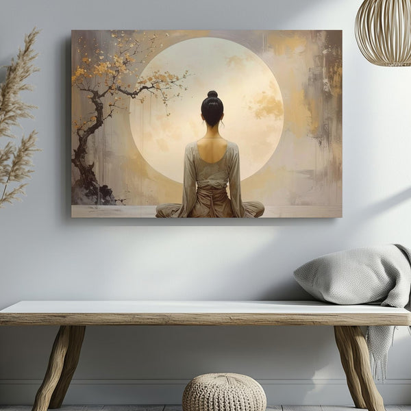 Moonlit Meditation Canvas – Minimalist Spiritual Reflection & Plum Blossom Art - Gifitto