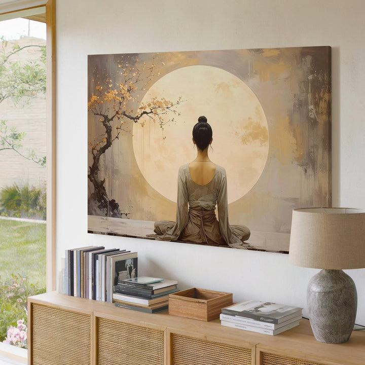 Moonlit Meditation Canvas – Minimalist Spiritual Reflection & Plum Blossom Art - Gifitto