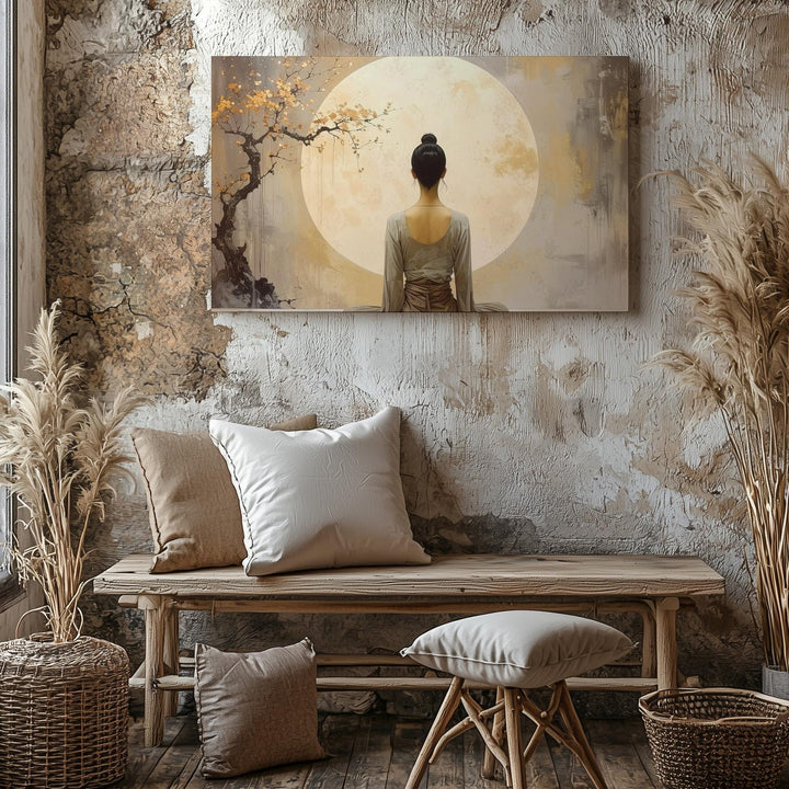 Moonlit Meditation Canvas – Minimalist Spiritual Reflection & Plum Blossom Art - Gifitto