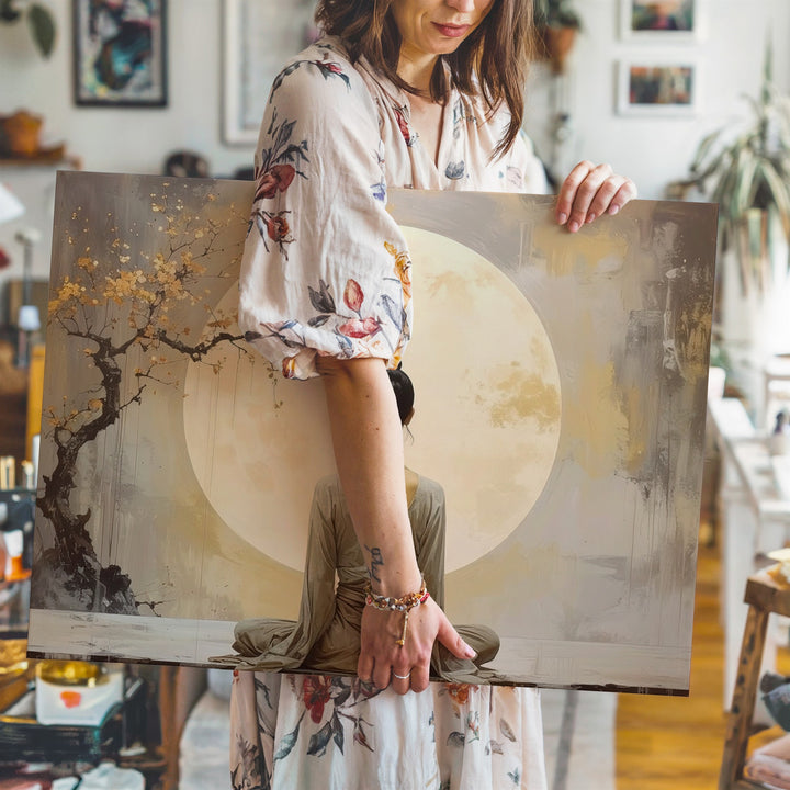 Moonlit Meditation Canvas – Minimalist Spiritual Reflection & Plum Blossom Art - Gifitto