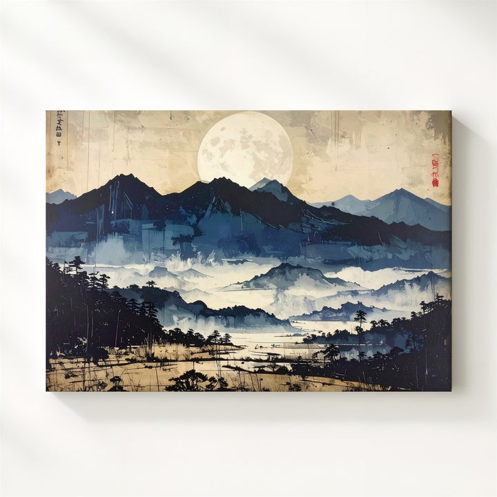 Midnight Moon & Misty Mountains Canvas – Minimalist Indigo Landscape Art - Gifitto