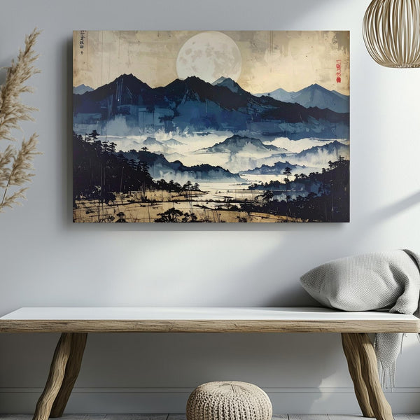 Midnight Moon & Misty Mountains Canvas – Minimalist Indigo Landscape Art - Gifitto
