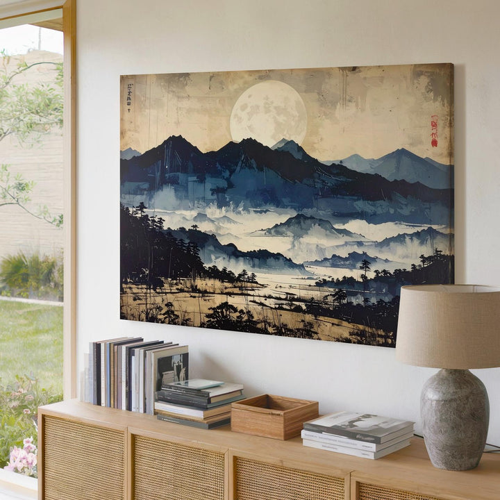 Midnight Moon & Misty Mountains Canvas – Minimalist Indigo Landscape Art - Gifitto