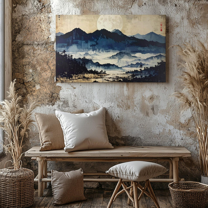 Midnight Moon & Misty Mountains Canvas – Minimalist Indigo Landscape Art - Gifitto