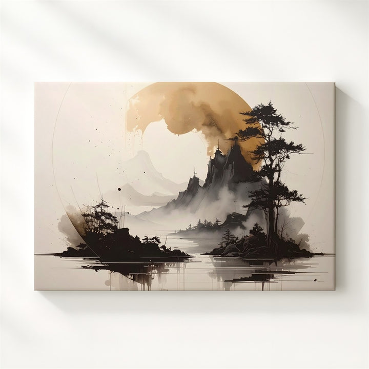 Mountain Enso Canvas – Minimalist Ink Circle & Zen Landscape Art - Gifitto