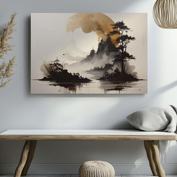 Mountain Enso Canvas – Minimalist Ink Circle & Zen Landscape Art - Gifitto