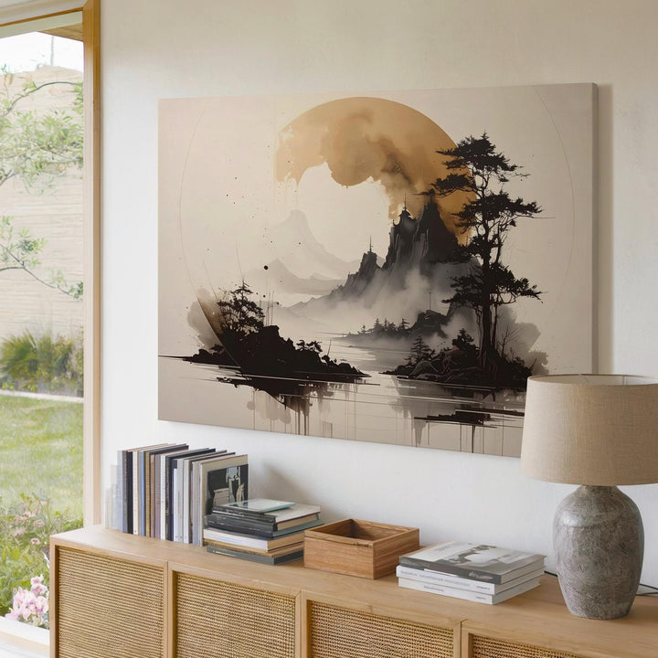 Mountain Enso Canvas – Minimalist Ink Circle & Zen Landscape Art - Gifitto