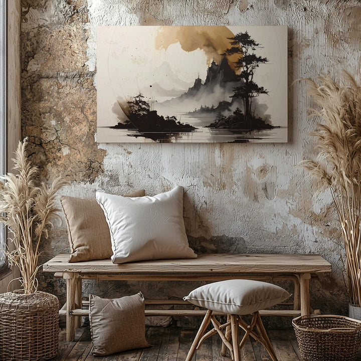 Mountain Enso Canvas – Minimalist Ink Circle & Zen Landscape Art - Gifitto
