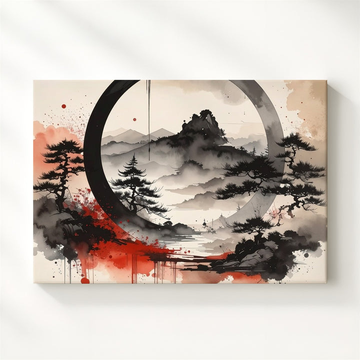 Windswept Pines Enso Canvas – Japanese Ink & Zen Forest Landscape Art - Gifitto