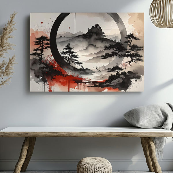 Windswept Pines Enso Canvas – Japanese Ink & Zen Forest Landscape Art - Gifitto