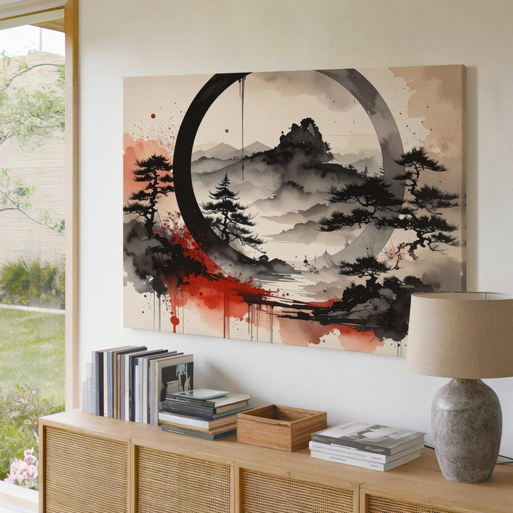 Windswept Pines Enso Canvas – Japanese Ink & Zen Forest Landscape Art - Gifitto
