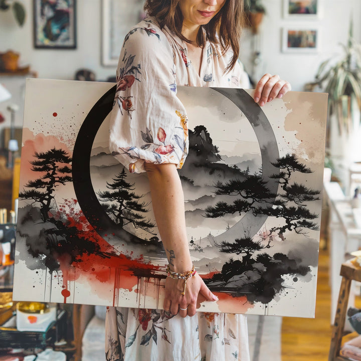 Windswept Pines Enso Canvas – Japanese Ink & Zen Forest Landscape Art - Gifitto