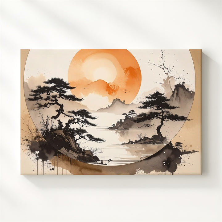Sun Enso & Misty Pines Canvas – Abstract Zen Ink Landscape Wall Art - Gifitto