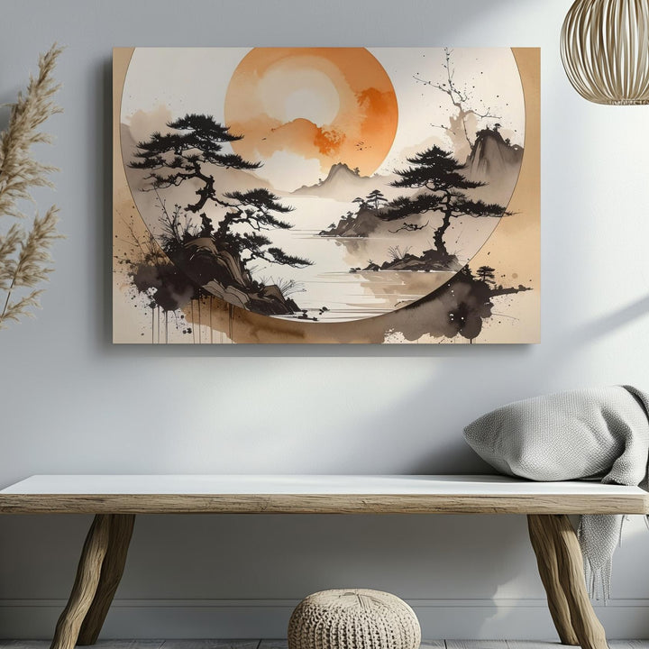 Sun Enso & Misty Pines Canvas – Abstract Zen Ink Landscape Wall Art - Gifitto