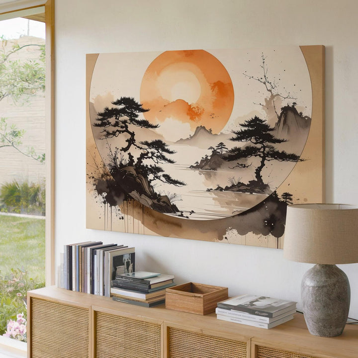 Sun Enso & Misty Pines Canvas – Abstract Zen Ink Landscape Wall Art - Gifitto