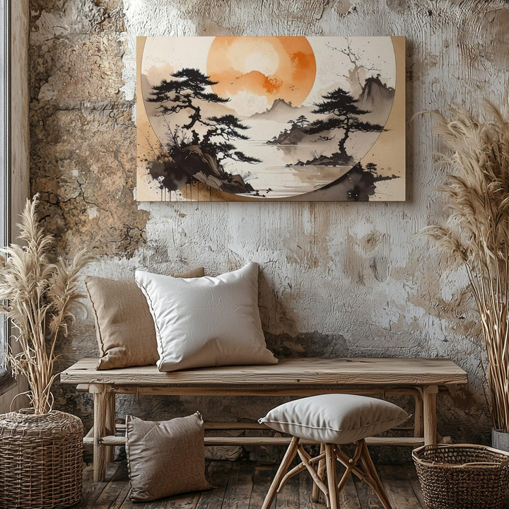 Sun Enso & Misty Pines Canvas – Abstract Zen Ink Landscape Wall Art - Gifitto