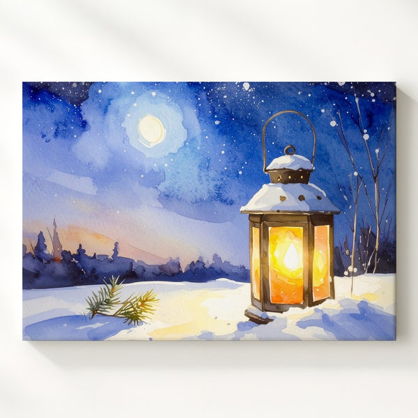 Lantern Glow Winter Canvas – Cozy Night Snow Scene Wall Art