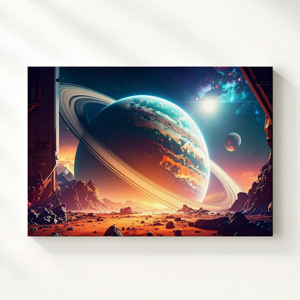 Ringed Gas Giant Canvas – Sci-Fi Alien Planet View from Mountain Dome - Gifitto