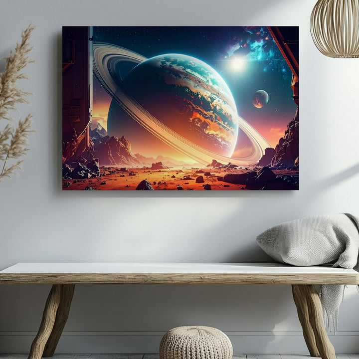 Ringed Gas Giant Canvas – Sci-Fi Alien Planet View from Mountain Dome - Gifitto