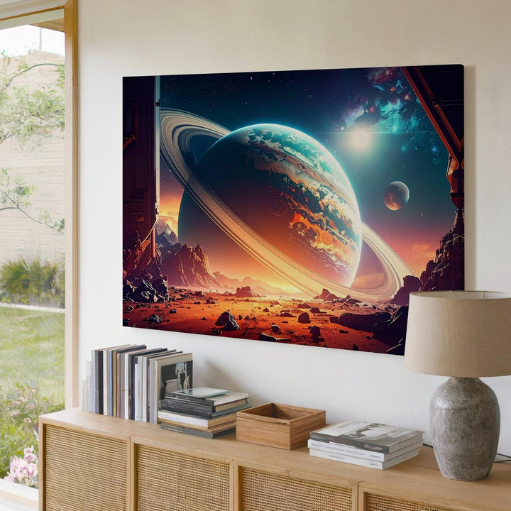 Ringed Gas Giant Canvas – Sci-Fi Alien Planet View from Mountain Dome - Gifitto