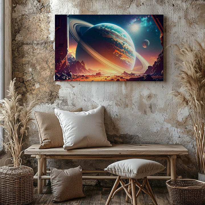 Ringed Gas Giant Canvas – Sci-Fi Alien Planet View from Mountain Dome - Gifitto