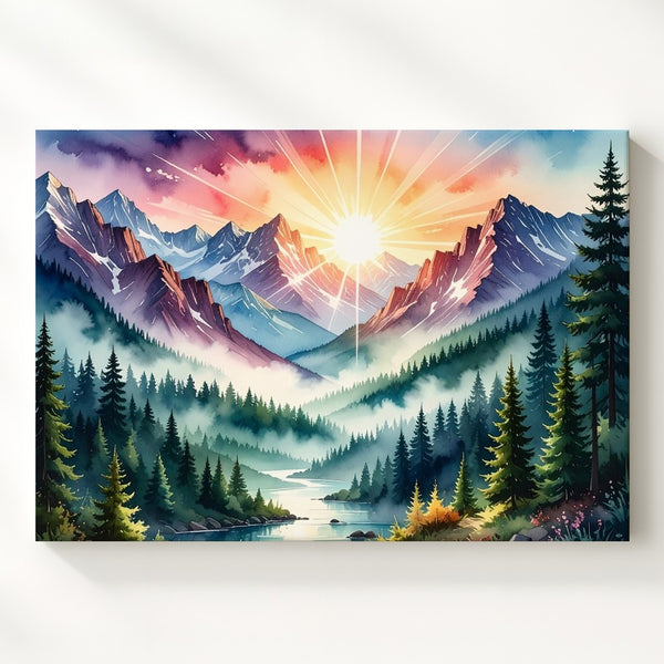 Sunrise Over Sacred Valley Canvas – Radiant Mountain Dawn Fantasy Art - Gifitto