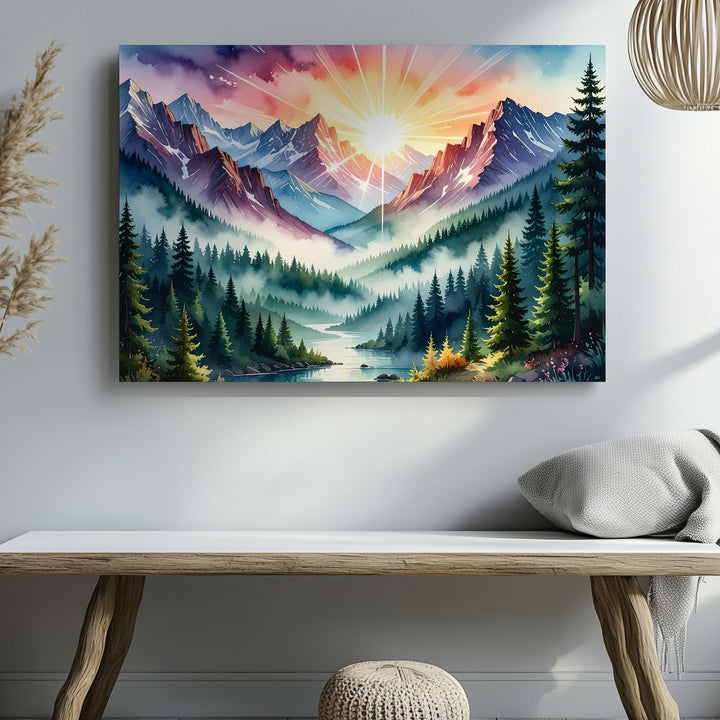 Sunrise Over Sacred Valley Canvas – Radiant Mountain Dawn Fantasy Art - Gifitto