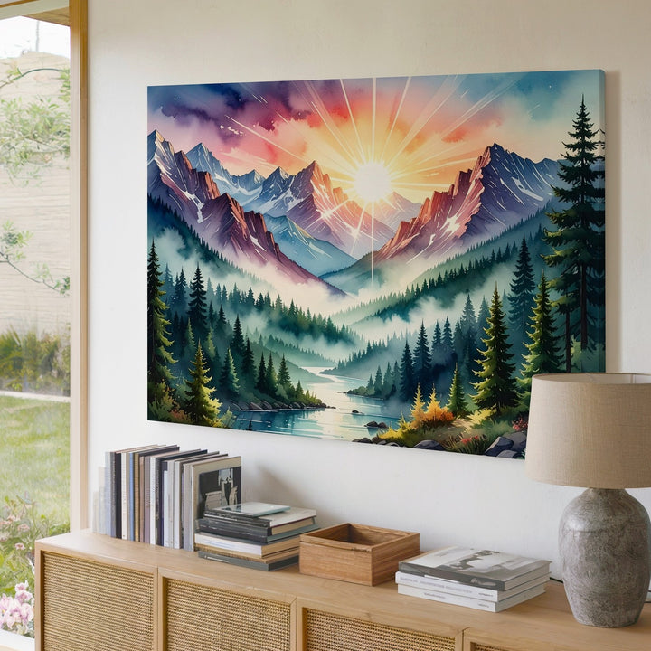 Sunrise Over Sacred Valley Canvas – Radiant Mountain Dawn Fantasy Art - Gifitto