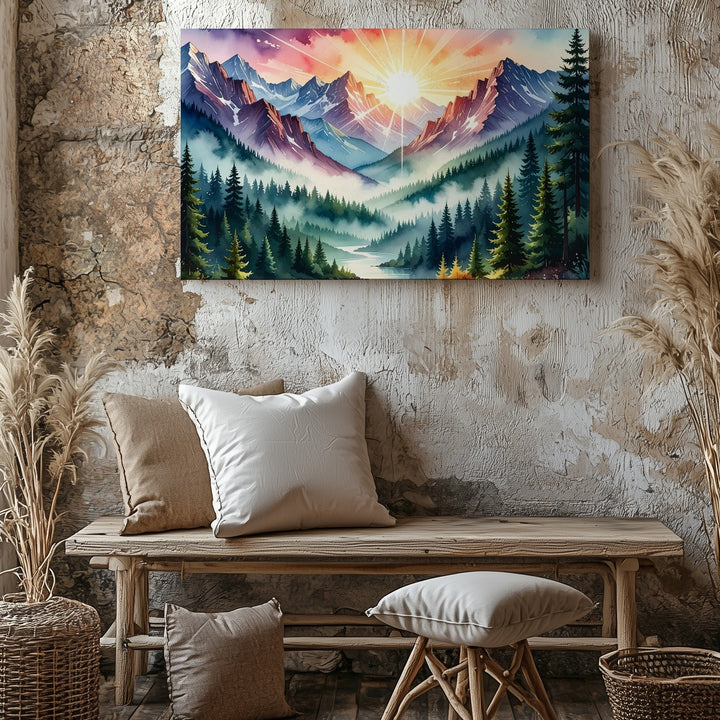 Sunrise Over Sacred Valley Canvas – Radiant Mountain Dawn Fantasy Art - Gifitto