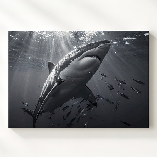 Rise of the Hunter Canvas – Black & White Shark Power Portrait
