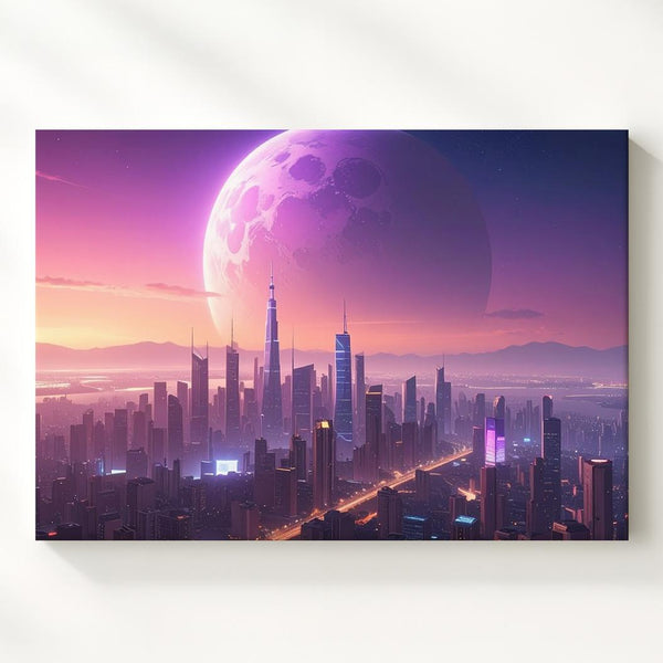 Futuristic Cityscape Canvas – Neon Skyline Under Glowing Planet - Gifitto