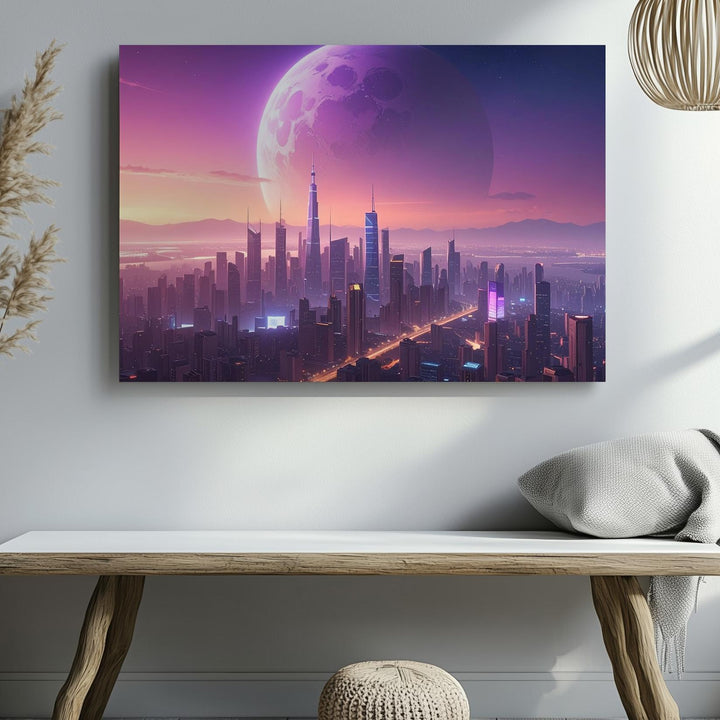 Futuristic Cityscape Canvas – Neon Skyline Under Glowing Planet - Gifitto