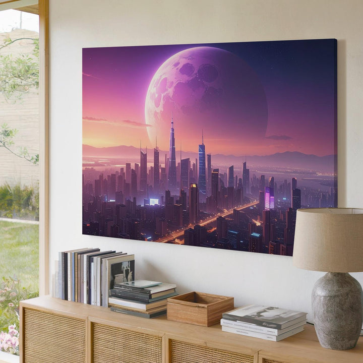 Futuristic Cityscape Canvas – Neon Skyline Under Glowing Planet - Gifitto