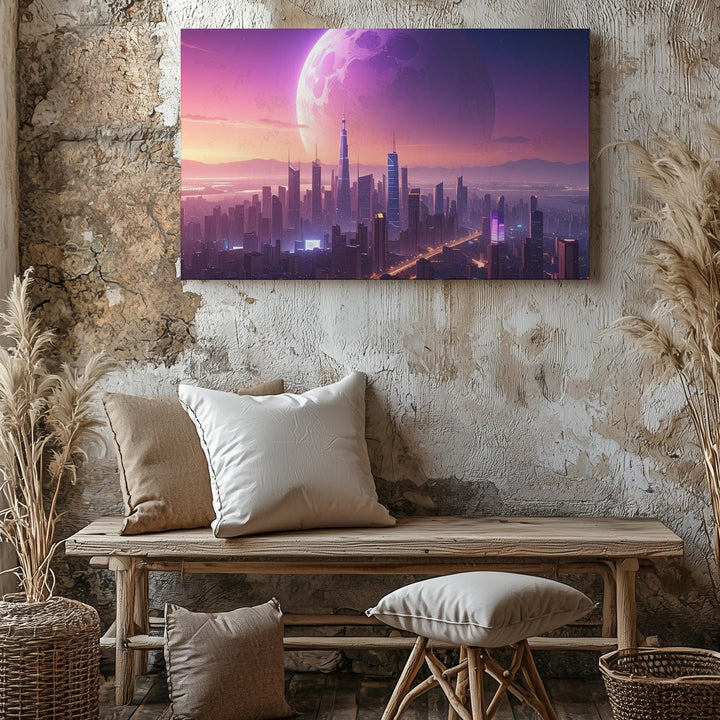 Futuristic Cityscape Canvas – Neon Skyline Under Glowing Planet - Gifitto