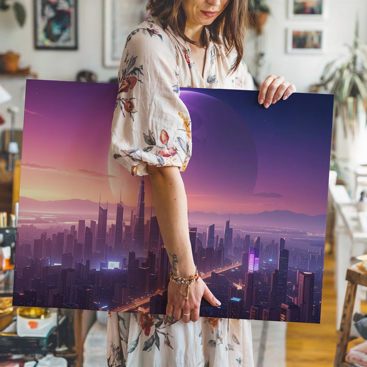 Futuristic Cityscape Canvas – Neon Skyline Under Glowing Planet - Gifitto