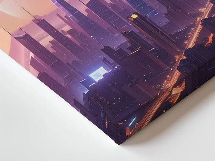 Futuristic Cityscape Canvas – Neon Skyline Under Glowing Planet - Gifitto