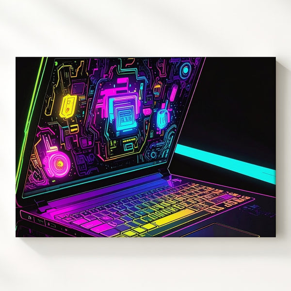 Neon Tech Laptop Canvas – Futuristic Cyberpunk Digital Art Print - Gifitto
