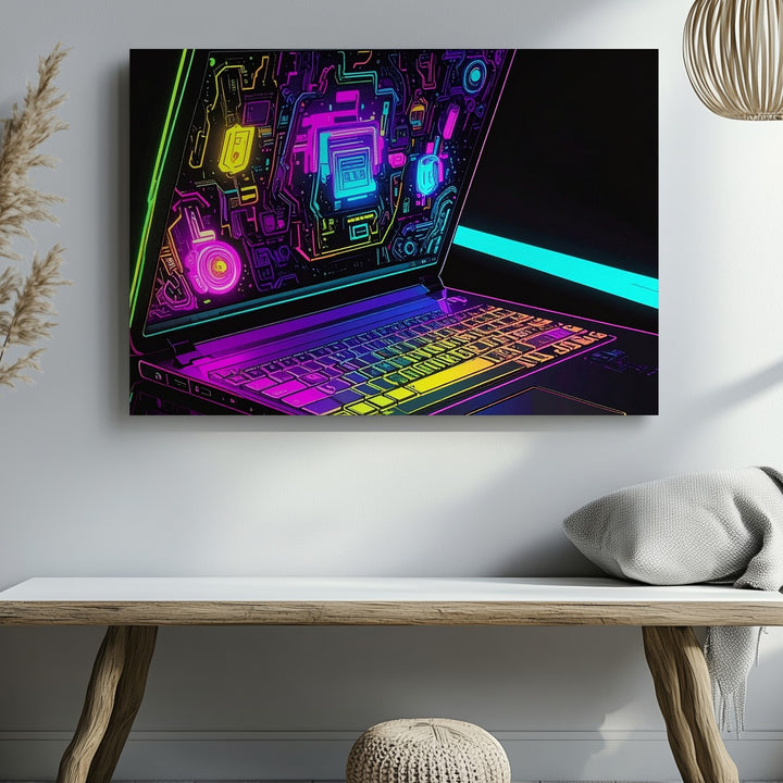 Neon Tech Laptop Canvas – Futuristic Cyberpunk Digital Art Print - Gifitto