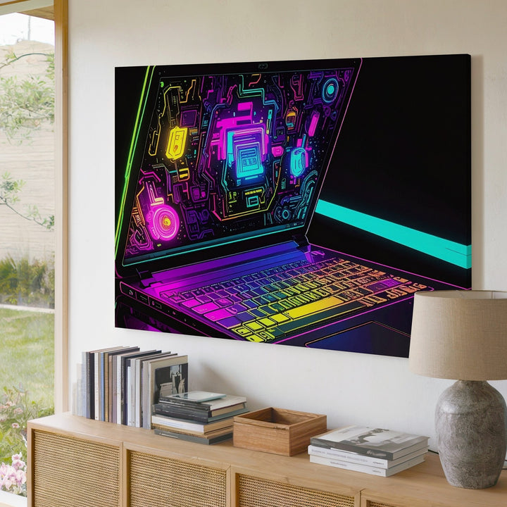 Neon Tech Laptop Canvas – Futuristic Cyberpunk Digital Art Print - Gifitto