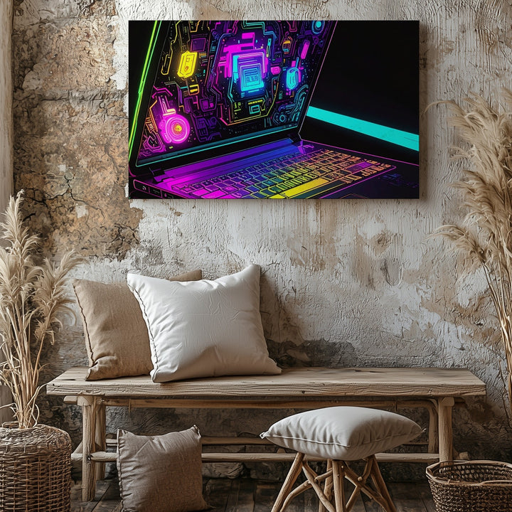 Neon Tech Laptop Canvas – Futuristic Cyberpunk Digital Art Print - Gifitto