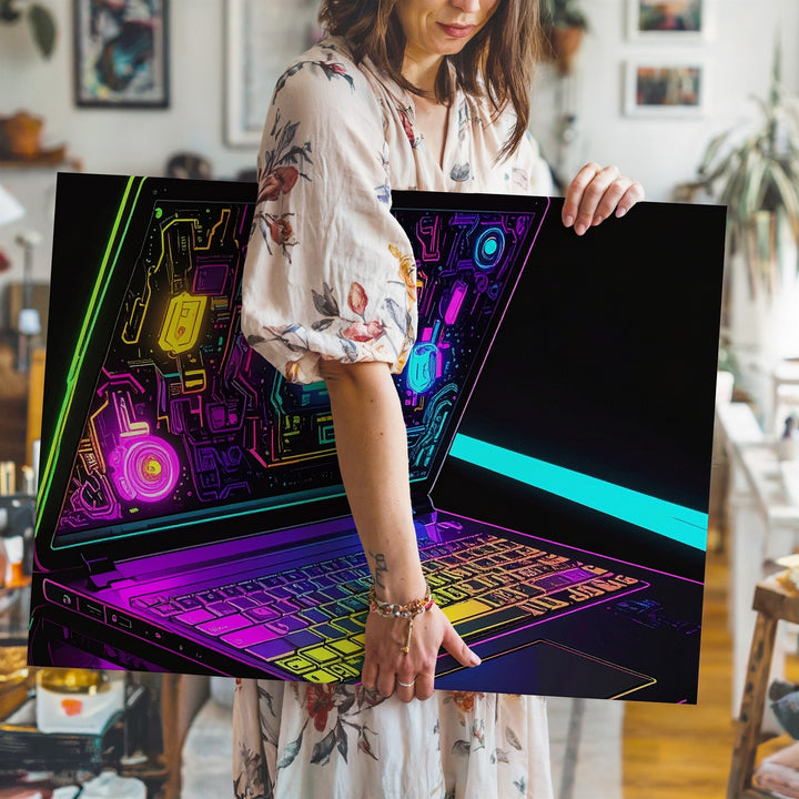 Neon Tech Laptop Canvas – Futuristic Cyberpunk Digital Art Print - Gifitto