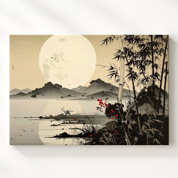 Moonlit Bamboo Landscape Canvas – Minimalist Asian Ink Wash Wall Art - Gifitto