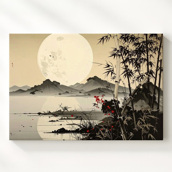 Moonlit Bamboo Landscape Canvas – Minimalist Asian Ink Wash Wall Art - Gifitto