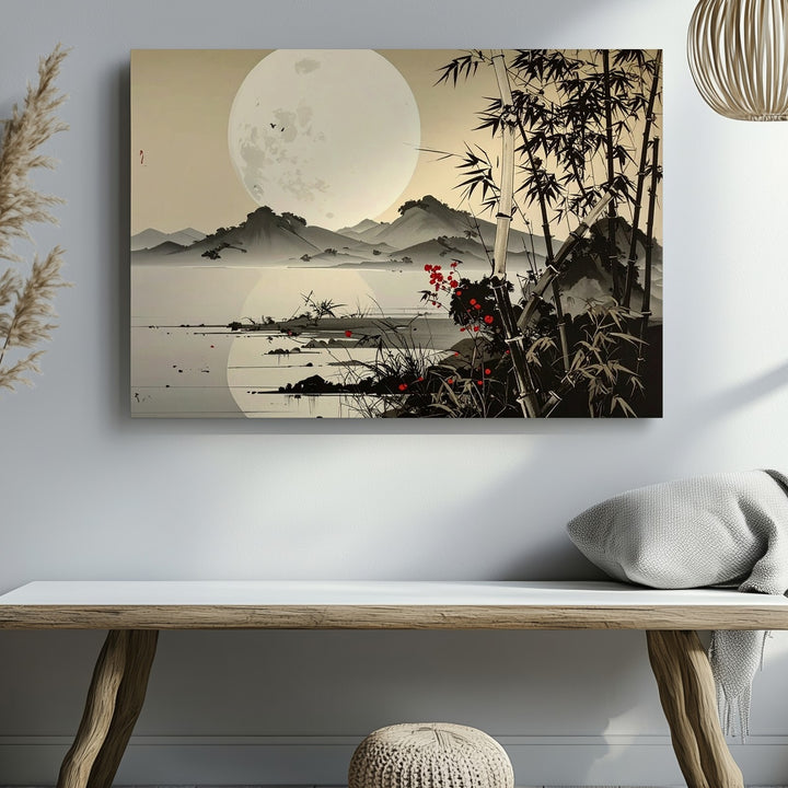 Moonlit Bamboo Landscape Canvas – Minimalist Asian Ink Wash Wall Art - Gifitto