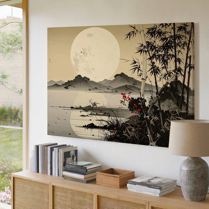 Moonlit Bamboo Landscape Canvas – Minimalist Asian Ink Wash Wall Art - Gifitto