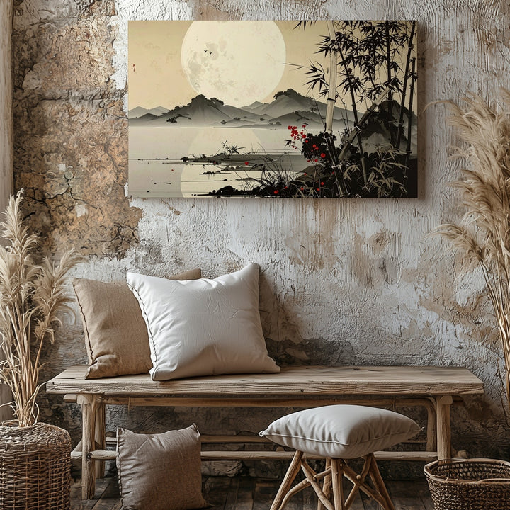 Moonlit Bamboo Landscape Canvas – Minimalist Asian Ink Wash Wall Art - Gifitto